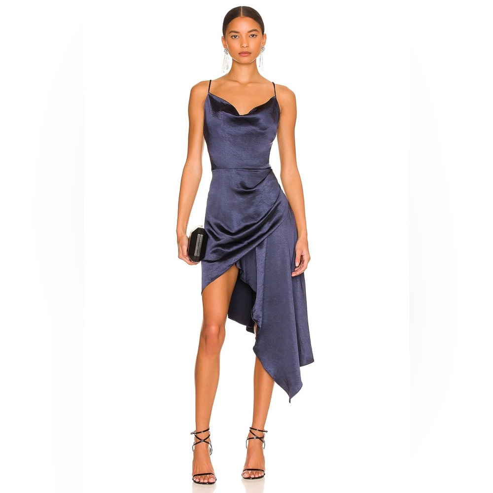 Elliatt Navy Satin Asymmetrical Slip Dress